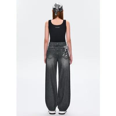 13DE MARZO Distressed Logo Decorated Jeans Black - Image 5