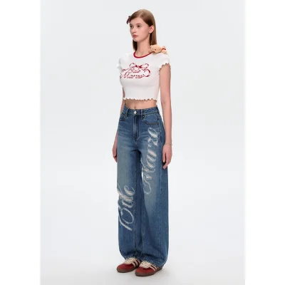 13DE MARZO Distressed Logo Decorated Jeans Blue - Image 3
