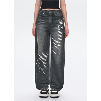 13DE MARZO Distressed Logo Decorated Jeans Black