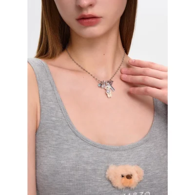 13DE MARZO Pearl Bear Necklace Silver