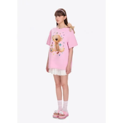 13DE MARZO Bear Stickers T-Shirt Pink - Image 3