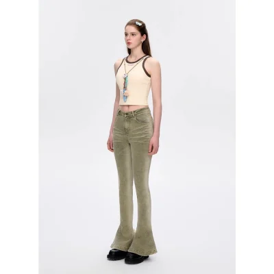 13DE MARZO Doozoo Split Hem Flared Jeans Green - Image 3
