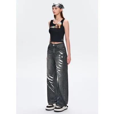 13DE MARZO Distressed Logo Decorated Jeans Black - Image 4