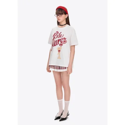 13DE MARZO Doozoo Checked Ribbon T-Shirt White - Image 4
