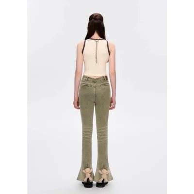 13DE MARZO Doozoo Split Hem Flared Jeans Green - Image 4