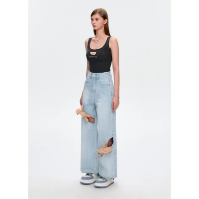 13DE MARZO Hollow-out Bear Jeans Blue - Image 4