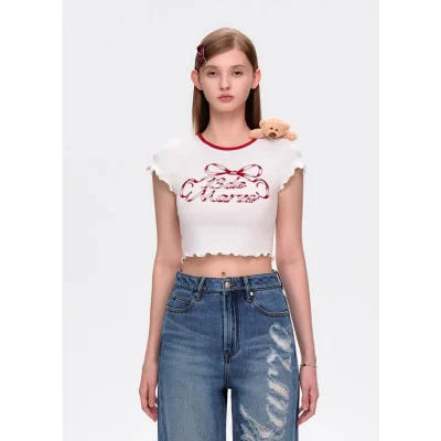 13DE MARZO Ribbon Collar Cropped Top White