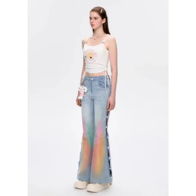 13DE MARZO Island Style Hollow Out Jeans Blue - Image 4