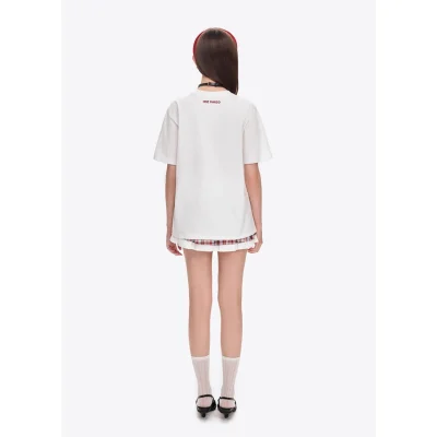 13DE MARZO Doozoo Checked Ribbon T-Shirt White - Image 5