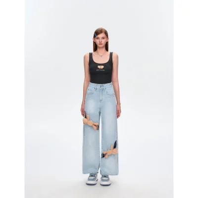 13DE MARZO Hollow-out Bear Jeans Blue - Image 3