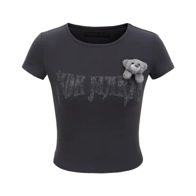 13DE MARZO Rhinestone Cropped Top Dark Grey