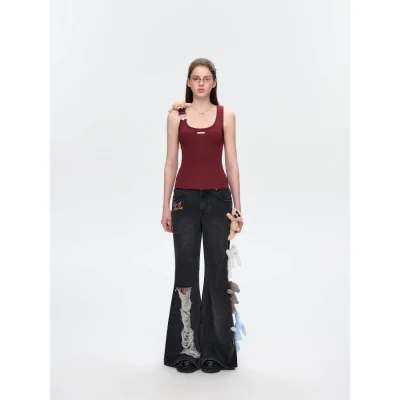 13DE MARZO Strap Knit Slim-Fit Vest Red - Image 3