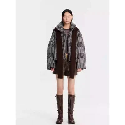 REVAN Casual Retro Plaid Down Jacket Grey - Image 3