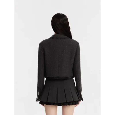 REVAN Matte Sequin Bouclé Tweed Jacket Dark Grey - Image 5