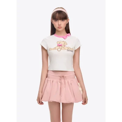13DE MARZO Doozoo Ribbon Collar Slim Top Beige