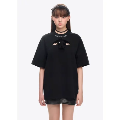13DE MARZO Angel Devil Hollow Out T-Shirt Black