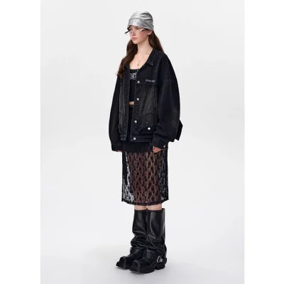 13DE MARZO Bear Upside-down Denim Jacket Black - Image 4