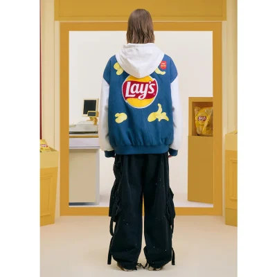 13DE MARZO Lay's Bear Corduroy Baseball Jacket Blue - Image 5