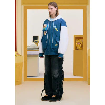 13DE MARZO Lay's Bear Corduroy Baseball Jacket Blue - Image 4