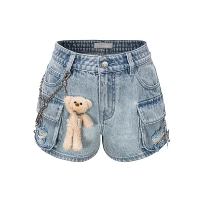 13DE MARZO Chains Washed Denim Shorts Blue