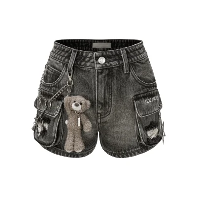 13DE MARZO Chains Washed Denim Shorts Dark Grey