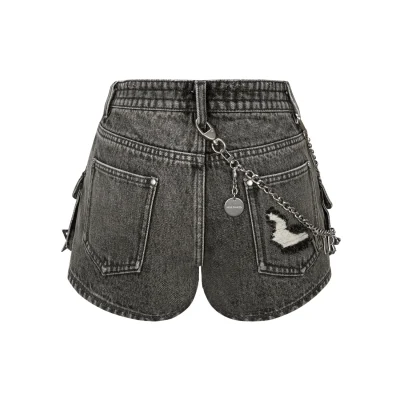 13DE MARZO Chains Washed Denim Shorts Dark Grey - Image 6