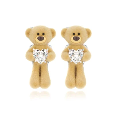 13DE MARZO Mini Bear Hug Heart Ear Stud Silver 18mm Version