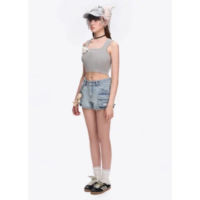 13DE MARZO Chains Washed Denim Shorts Blue - Image 3