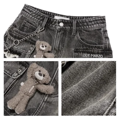 13DE MARZO Chains Washed Denim Shorts Dark Grey - Image 8