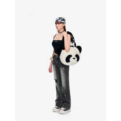 13DE MARZO Panda Bear Fuzzy Plush Bag White - Image 3