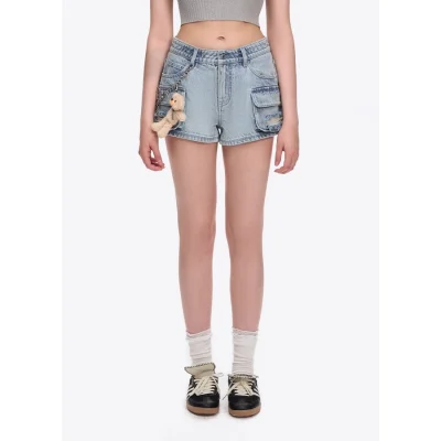 13DE MARZO Chains Washed Denim Shorts Blue