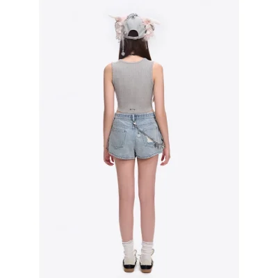 13DE MARZO Chains Washed Denim Shorts Blue - Image 4