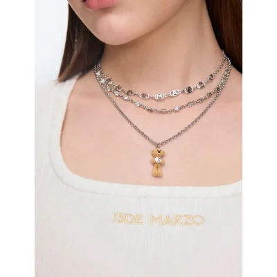 13DE MARZO Bear Hug Heart Layered Necklace Silver