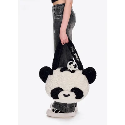 13DE MARZO Panda Bear Fuzzy Plush Bag White