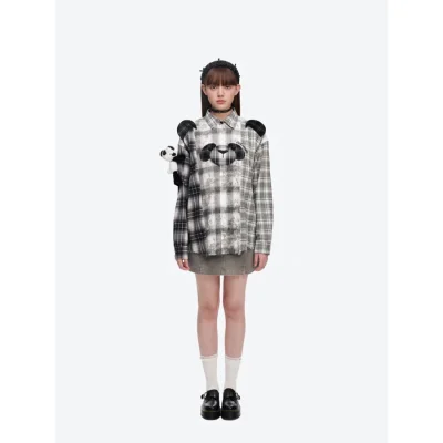 13DE MARZO Panda Bear Checkered Shirt Black - Image 3