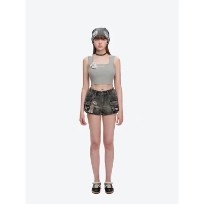 13DE MARZO Chains Washed Denim Shorts Dark Grey - Image 3