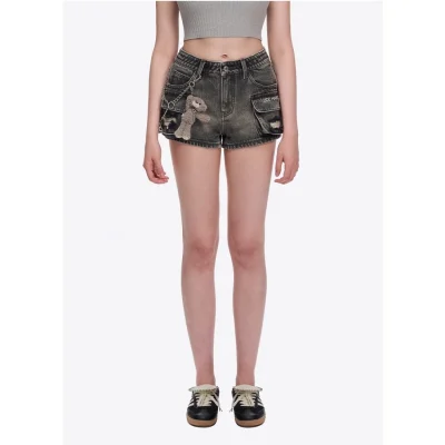 13DE MARZO Chains Washed Denim Shorts Dark Grey