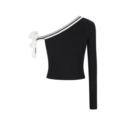 13DE MARZO Asymmetrical Shoulder Knit Long Sleeve Black - Image 6