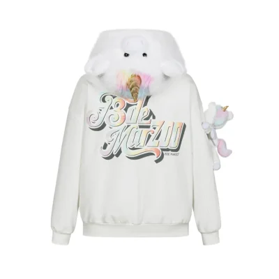 13DE MARZO Unicorn Bear Zipped Hoodie White - Image 8