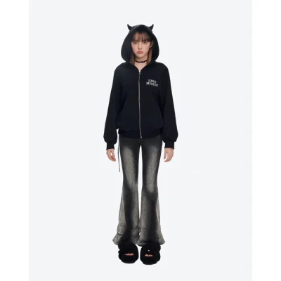 13DE MARZO Angel Devil Bear Zipped Hoodie Black - Image 3