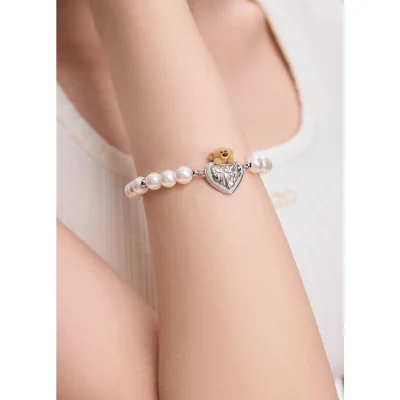 13DE MARZO Bear Heart Pearl Bracelet Silver
