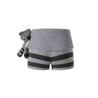 13DE MARZO Raccoon Bear Knitted Shorts Grey - Image 6