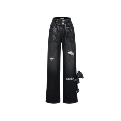 13DE MARZO Silver Foil Denim Pants Black