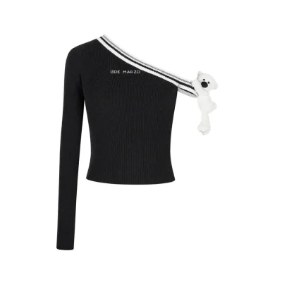 13DE MARZO Asymmetrical Shoulder Knit Long Sleeve Black