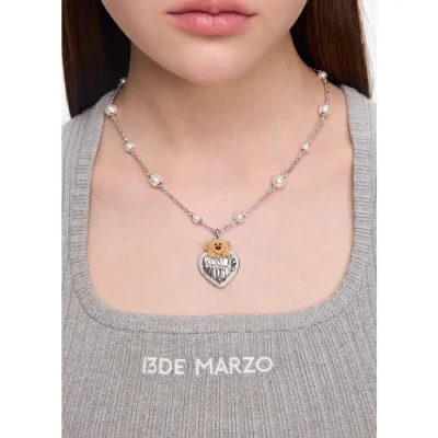 13DE MARZO Bear Heart Pearl Long Necklace Silver - Image 3