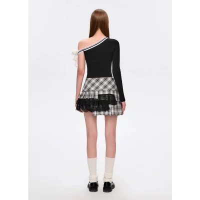 13DE MARZO Asymmetrical Shoulder Knit Long Sleeve Black - Image 5