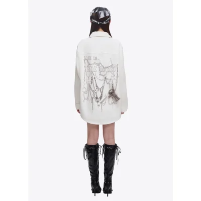 13DE MARZO Chains Illustrated Denim Shirt White - Image 3