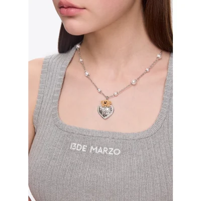 13DE MARZO Bear Heart Pearl Long Necklace Silver - Image 4