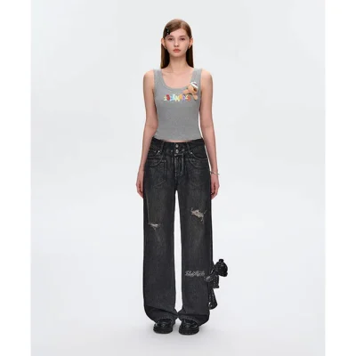 13DE MARZO Silver Foil Denim Pants Black - Image 3