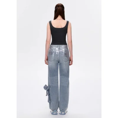 13DE MARZO Silver Foil Denim Pants Blue - Image 4
